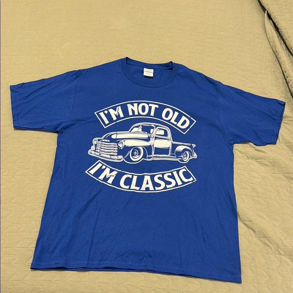 Port and Company Blue vintage Graphic Tee. Short sleeve. Casual. Streetwear.